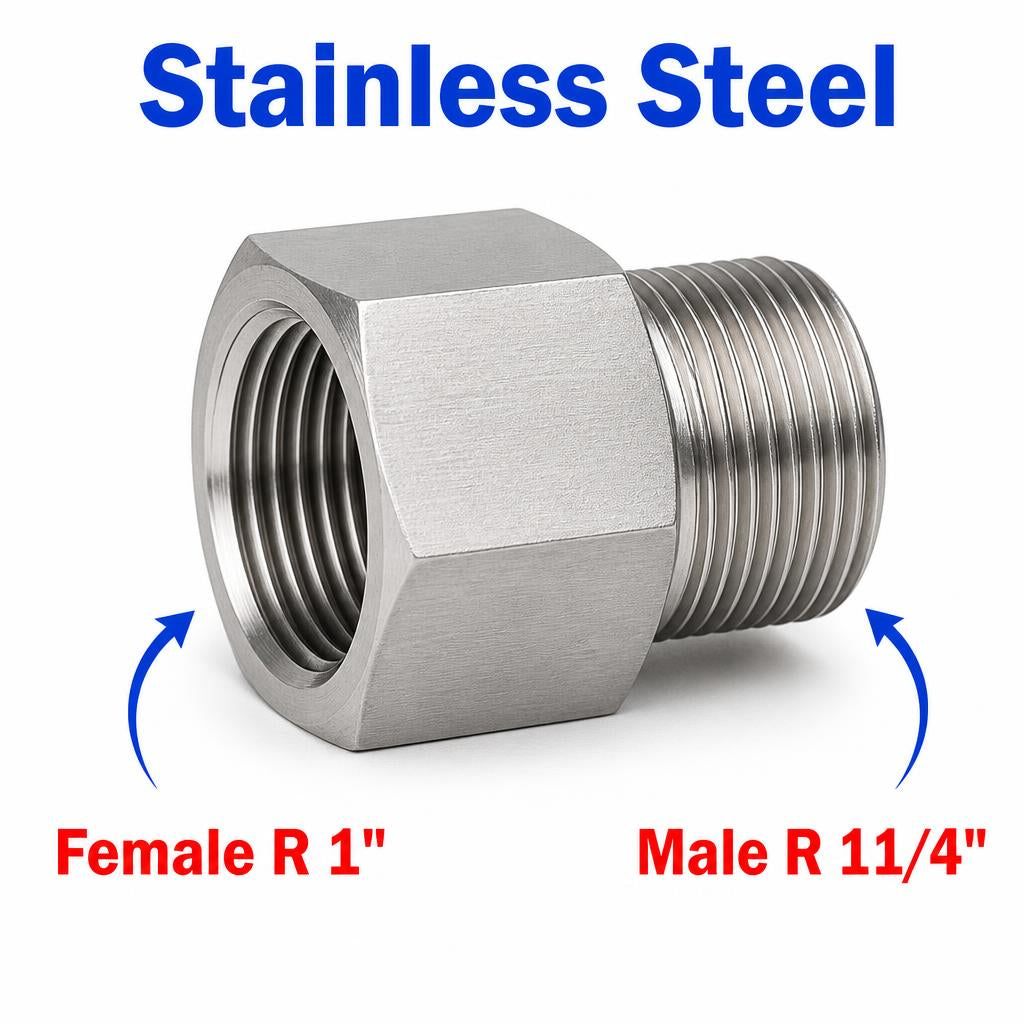 Stainless steel MC Motoparts APS adaptor fitting, 1-inch female to 1-1/4 inch male BSPT tapered sensor conversion fitting