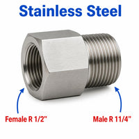 Stainless steel MC Motoparts BSPT tapered sensor adaptor fitting, 1/2 inch female to 1-1/4 inch male conversion, for plumbing or sensor connections.