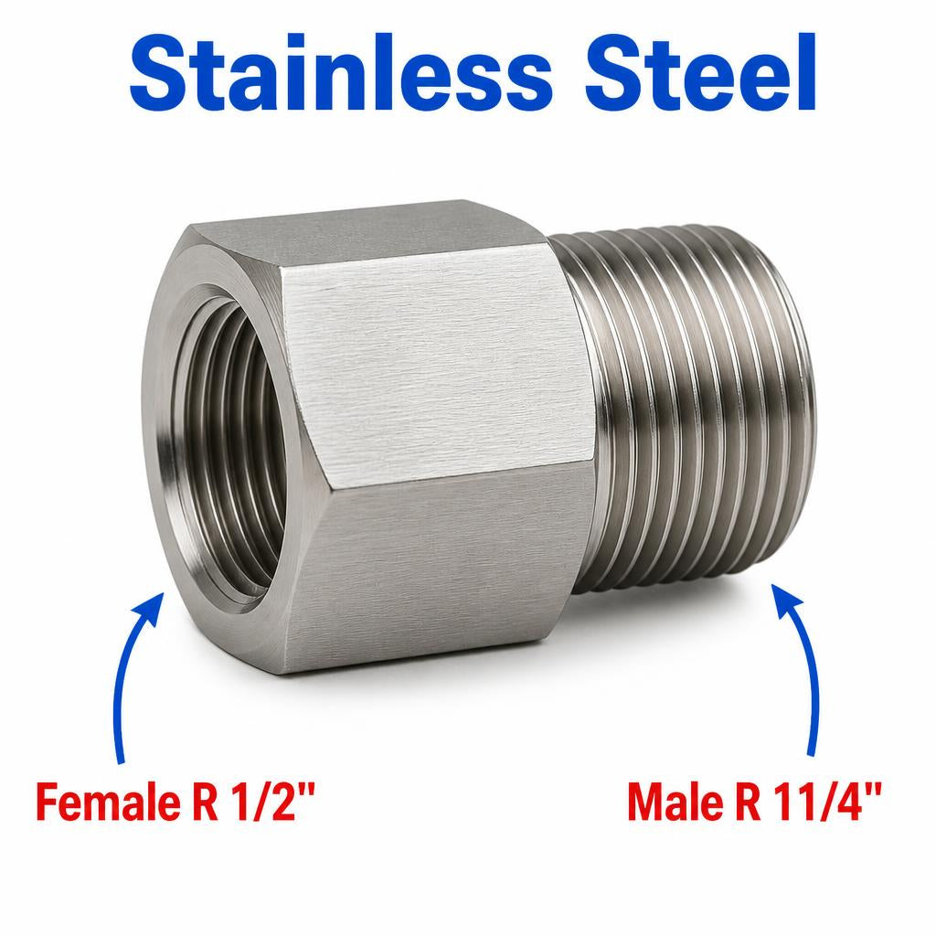 Stainless steel MC Motoparts BSPT tapered sensor adaptor fitting, 1/2 inch female to 1-1/4 inch male conversion, for plumbing or sensor connections.