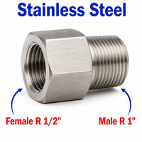 Stainless steel MC Motoparts BSPT tapered sensor adaptor fitting, 1/2 inch female to 1 inch male conversion for plumbing or sensor applications.