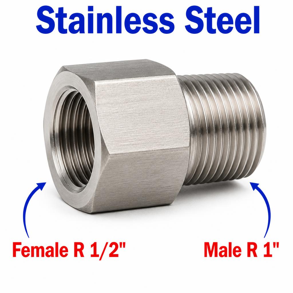 Stainless steel MC Motoparts BSPT tapered sensor adaptor fitting, 1/2 inch female to 1 inch male conversion for plumbing or sensor applications.