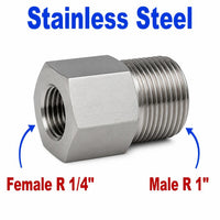 Stainless steel MC Motoparts APS adaptor fitting with 1/4 inch female to 1 inch male BSPT tapered threads for sensor conversion