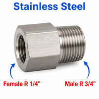 Stainless steel MC Motoparts APS Tapered BSPT sensor adaptor fitting, 1/4 inch female to 3/4 inch male conversion, for plumbing or sensors.