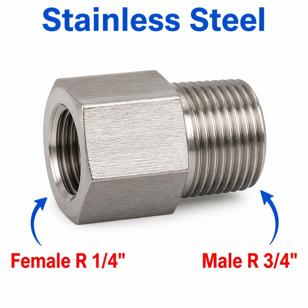 Stainless steel MC Motoparts APS Tapered BSPT sensor adaptor fitting, 1/4 inch female to 3/4 inch male conversion, for plumbing or sensors.