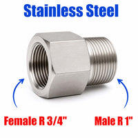 Stainless steel MC Motoparts BSPT tapered adapter fitting with 3/4 inch female to 1 inch male connections for sensor conversion.