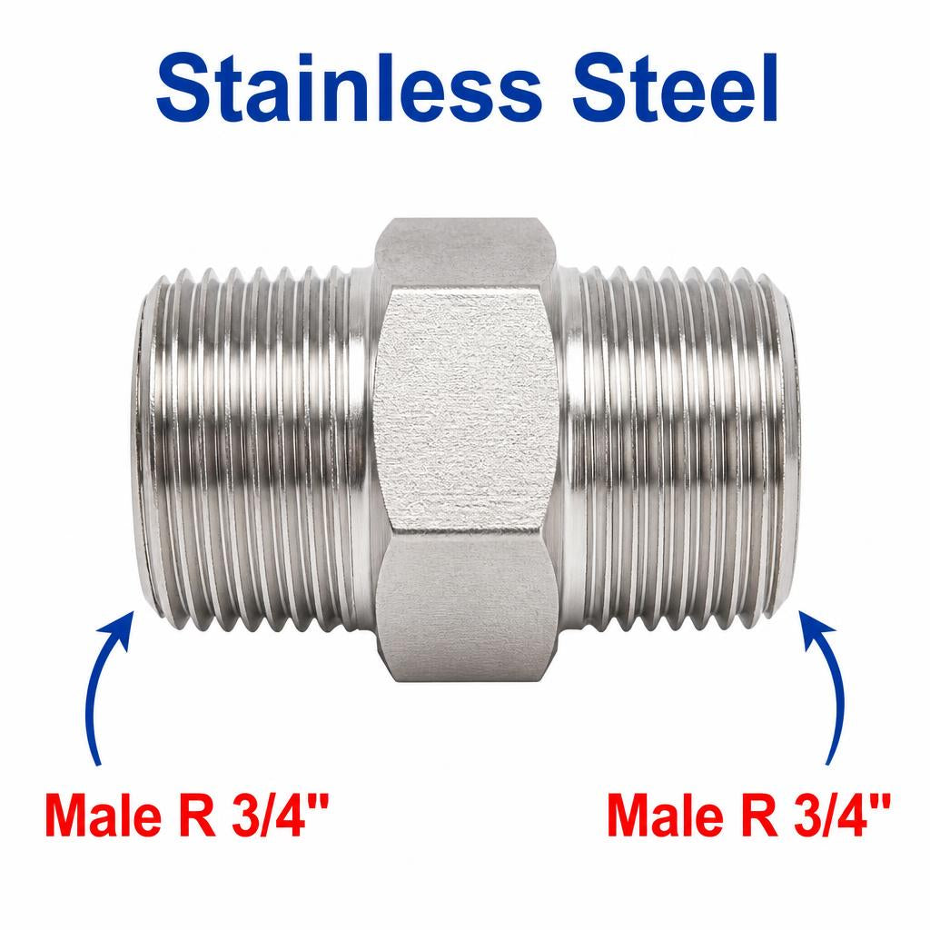 Stainless steel BSPT tapered R 3/4 inch male sensor adaptor fitting, MC Motoparts APS fitting conversion for plumbing or sensor setups.