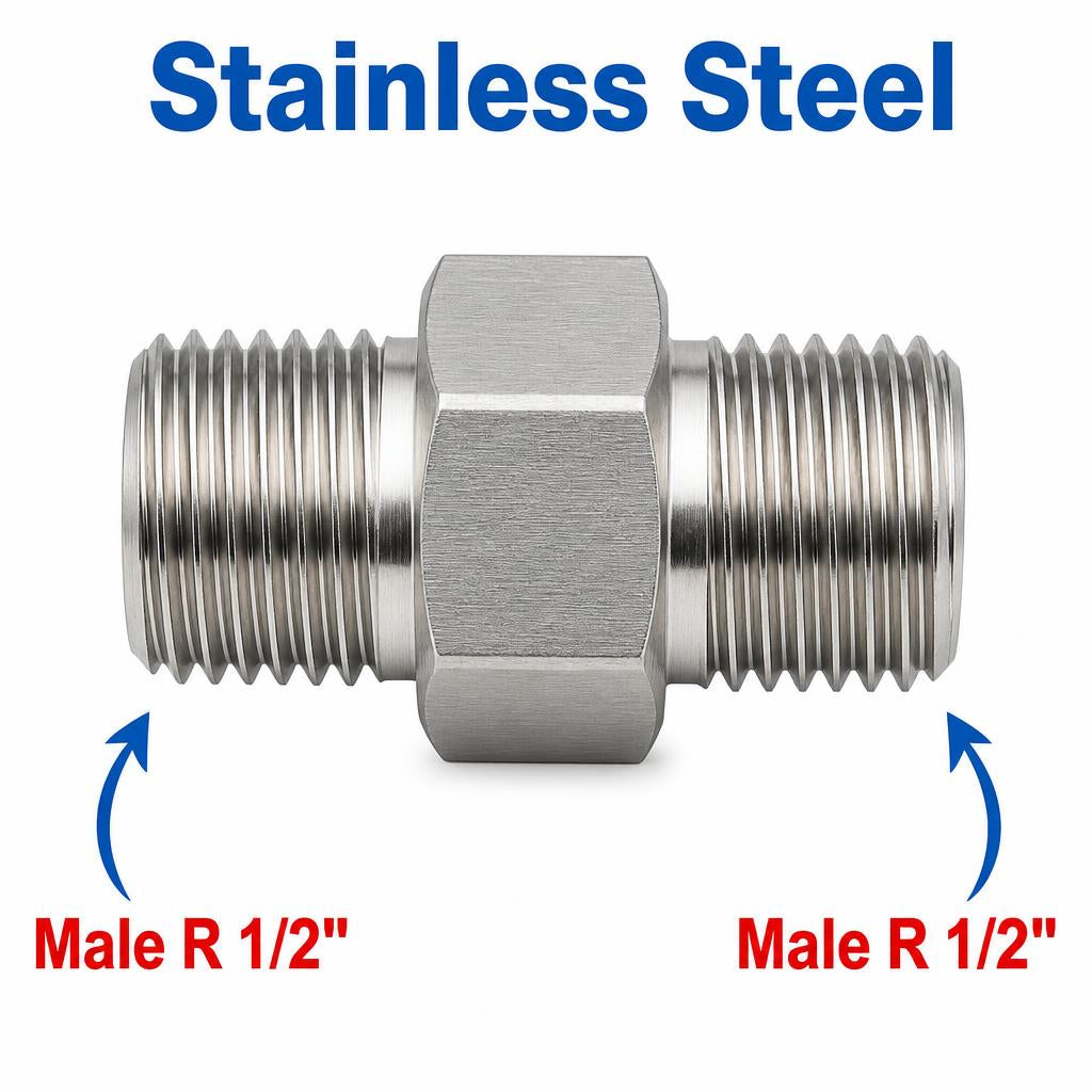 Stainless steel BSPT tapered R 1/2 inch male sensor adaptor fitting for conversion, showing the threaded metal components.