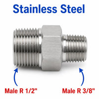 Stainless steel MC Motoparts APS adaptor fitting with BSPT tapered R 1/2 inch male to 3/8 inch male conversion fitting for sensors.