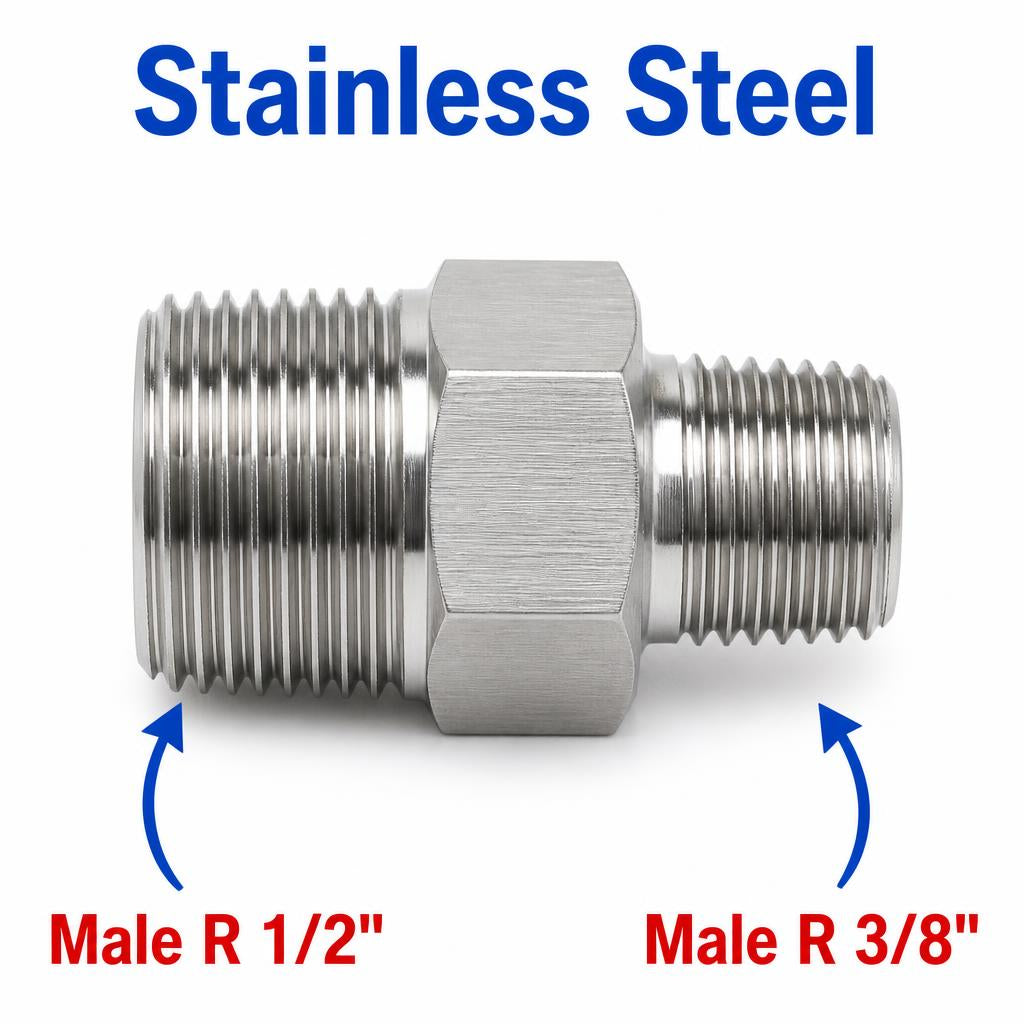 Stainless steel MC Motoparts APS adaptor fitting with BSPT tapered R 1/2 inch male to 3/8 inch male conversion fitting for sensors.