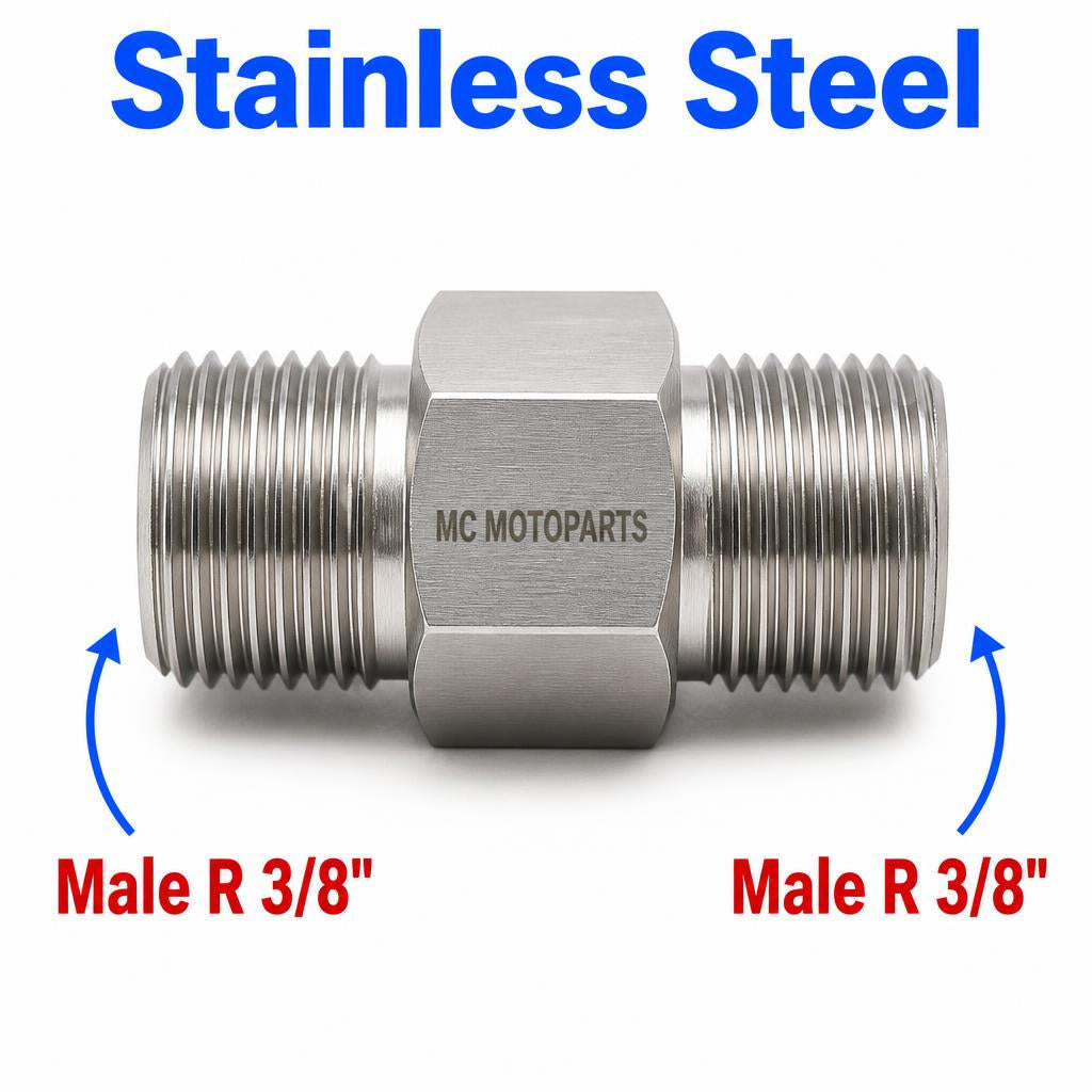 Stainless steel MC Motoparts BSPT tapered R 3/8 inch male sensor adaptor fitting for conversion, shown in APS0508 image.