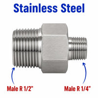 Stainless steel MC Motoparts APS adaptor fitting, 1/2 inch male to 1/4 inch male BSPT tapered sensor conversion fitting