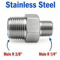 Stainless steel MC Motoparts BSPT tapered R 3/8 inch male to 1/4 inch male sensor adaptor fitting for conversion.