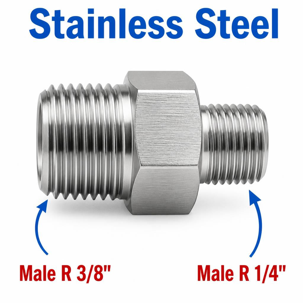 Stainless steel MC Motoparts BSPT tapered R 3/8 inch male to 1/4 inch male sensor adaptor fitting for conversion.