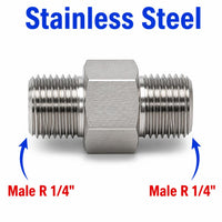 Stainless steel MC Motoparts BSPT tapered male sensor adaptor fitting, 1/4 inch size, used for conversion in sensor installations