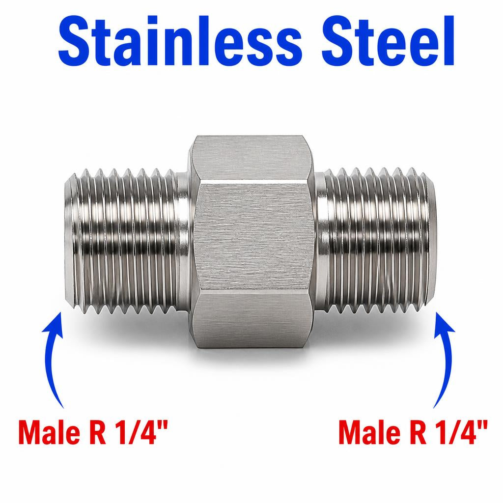 Stainless steel MC Motoparts BSPT tapered male sensor adaptor fitting, 1/4 inch size, used for conversion in sensor installations