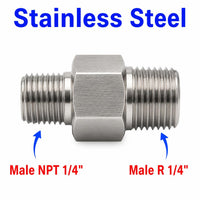 Stainless steel 1/4 inch NPT male to BSPT tapered sensor adaptor fitting, MC Motoparts APS conversion fitting.