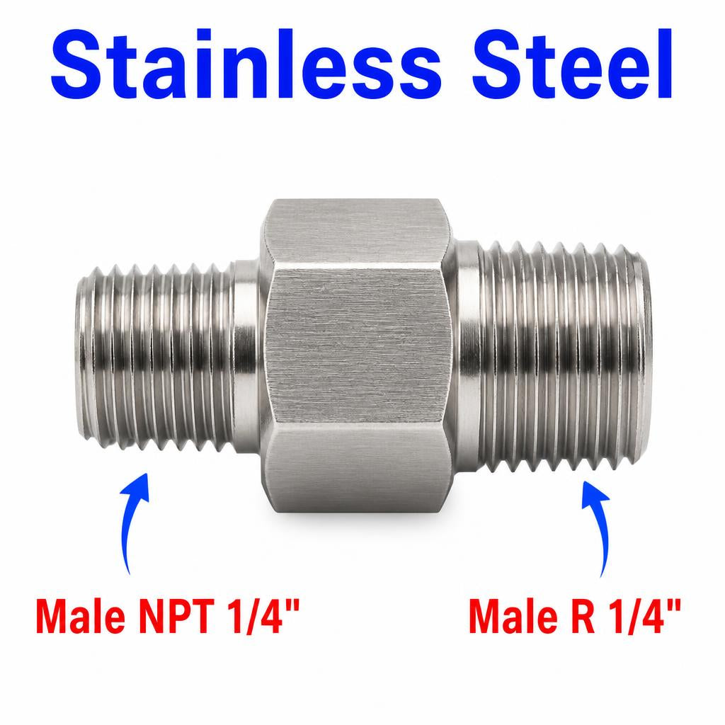 Stainless steel 1/4 inch NPT male to BSPT tapered sensor adaptor fitting, MC Motoparts APS conversion fitting.