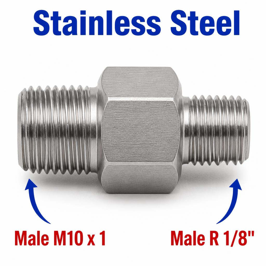 Stainless steel M10x1 male to BSPT 1/8 inch male sensor adaptor fitting for conversion, MC Motoparts APS adaptor fitting.