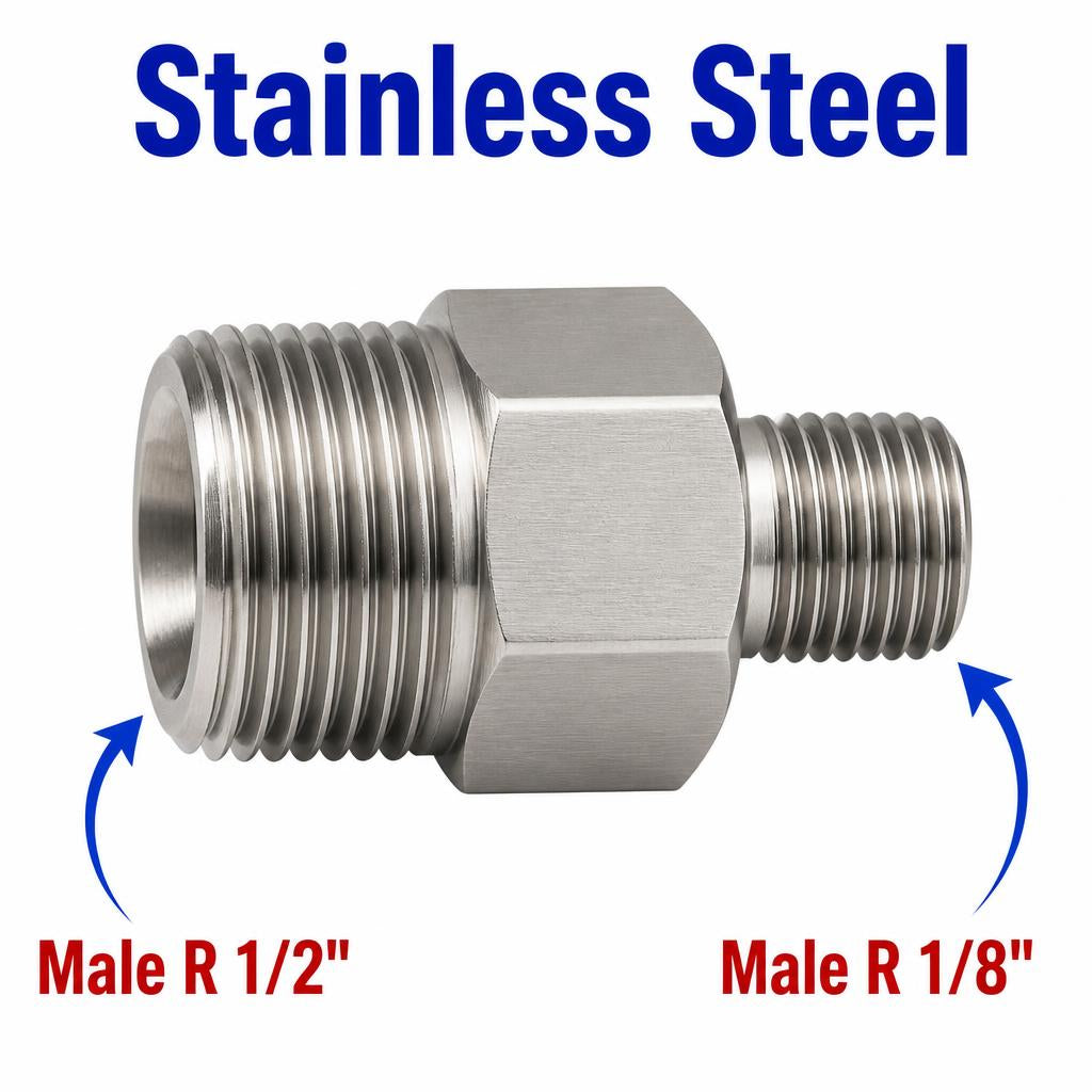 Stainless steel MC Motoparts BSPT tapered R 1/2 inch male to R 1/8 inch male sensor adapter fitting for fluid conversion.