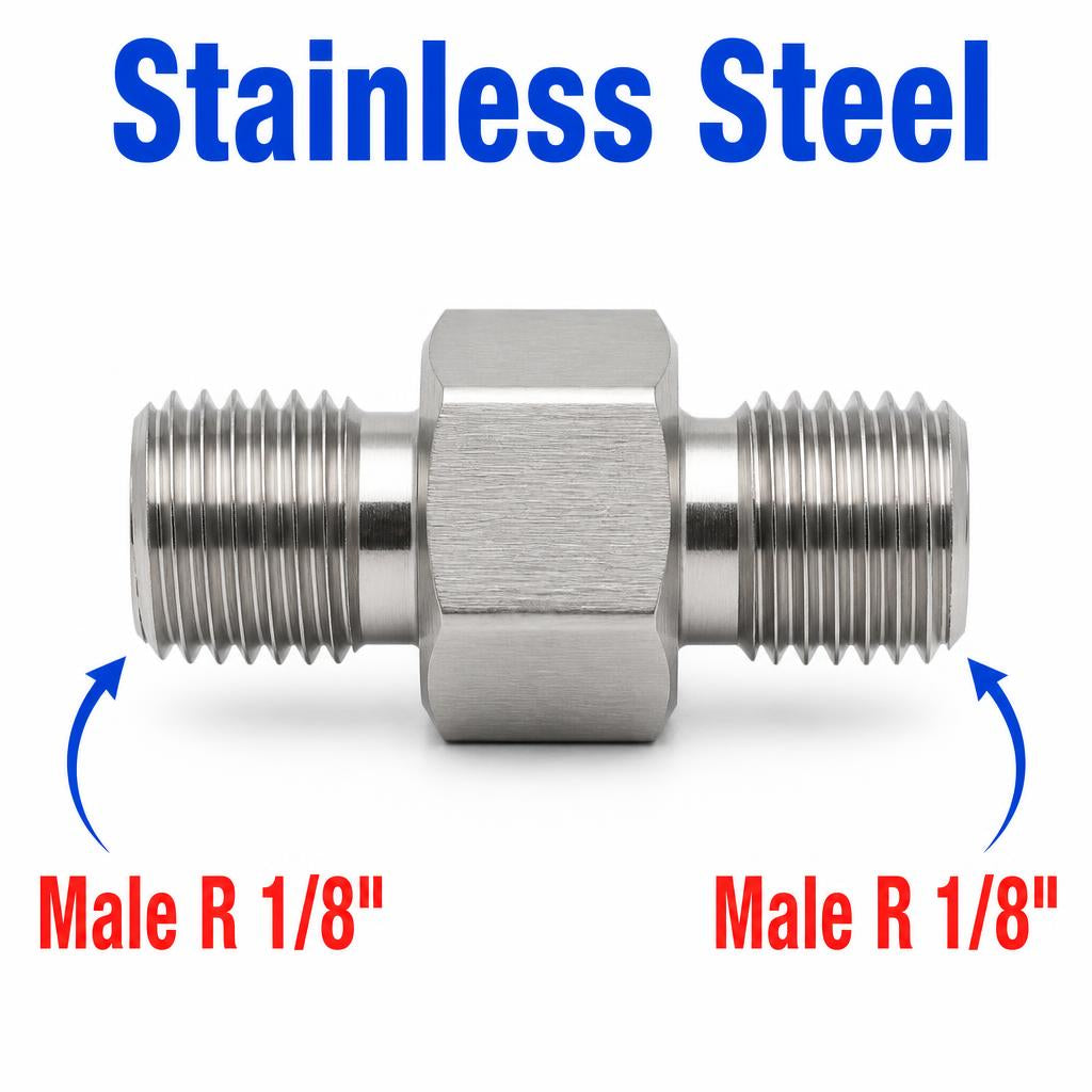 Stainless steel MC Motoparts APS adaptor fitting with BSPT tapered R 1/8 inch male connectors for sensor conversion.