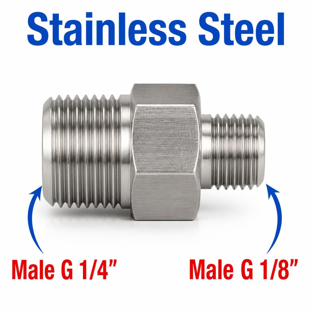MC Motoparts BSP G 1/4 inch male to G 1/8 inch male stainless steel sensor adaptor fitting for conversion.