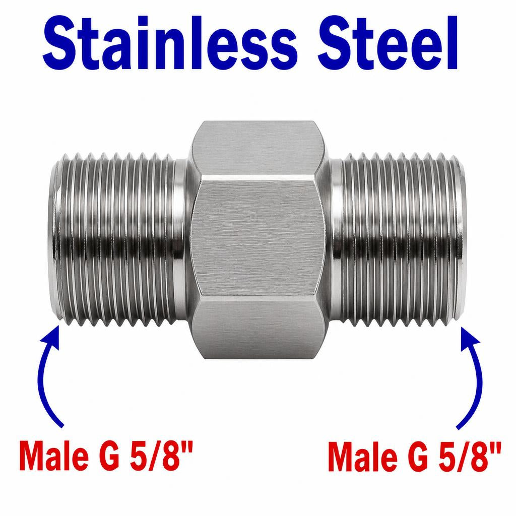 Stainless steel BSP G 5/8 inch male to male sensor adaptor fitting for conversion, part of MC Motoparts APS adaptor fittings series.