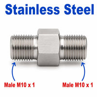 Stainless steel M10x1 male to M10x1 male sensor adaptor fitting for conversion, designed by MC Motoparts, APS series.