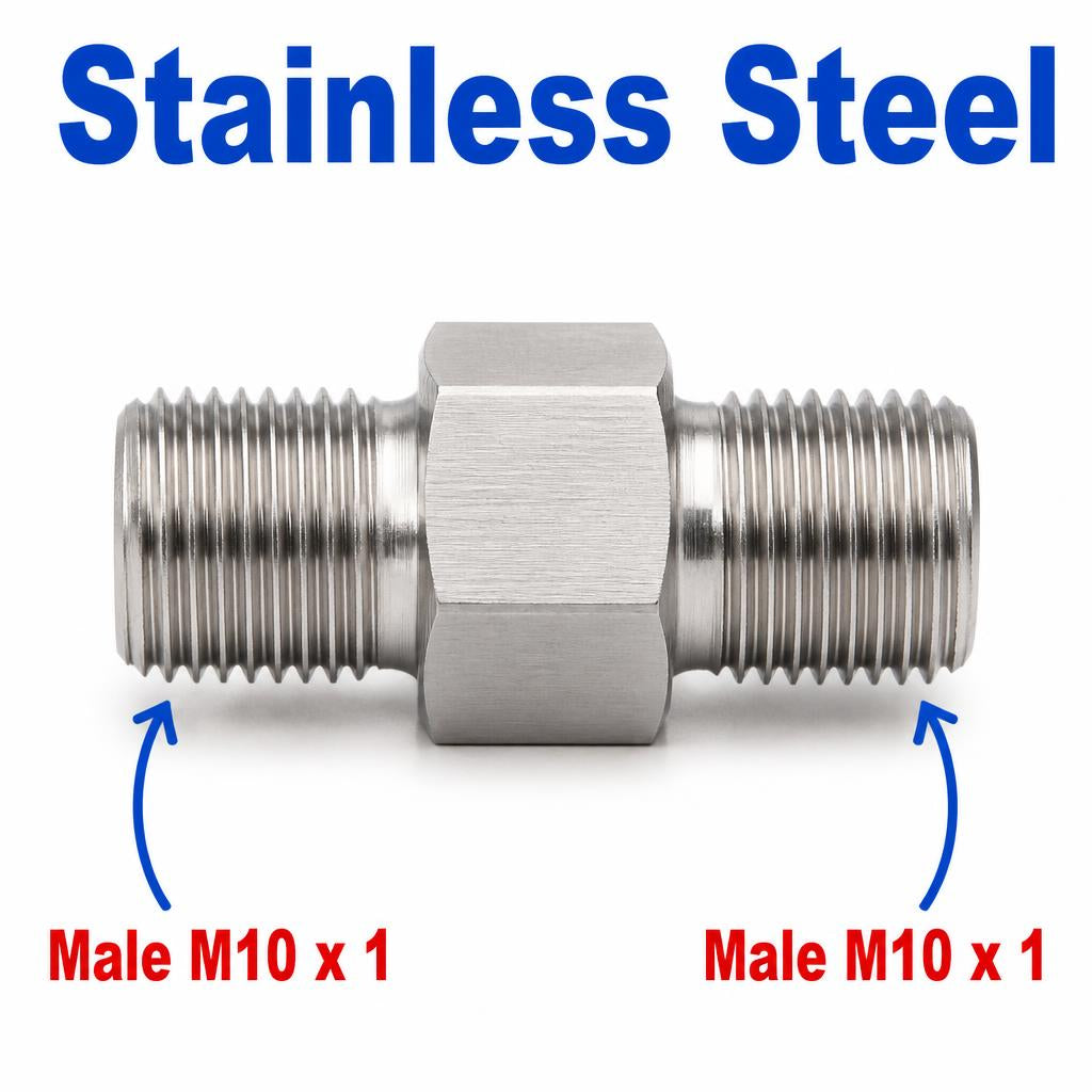 Stainless steel M10x1 male to M10x1 male sensor adaptor fitting for conversion, designed by MC Motoparts, APS series.