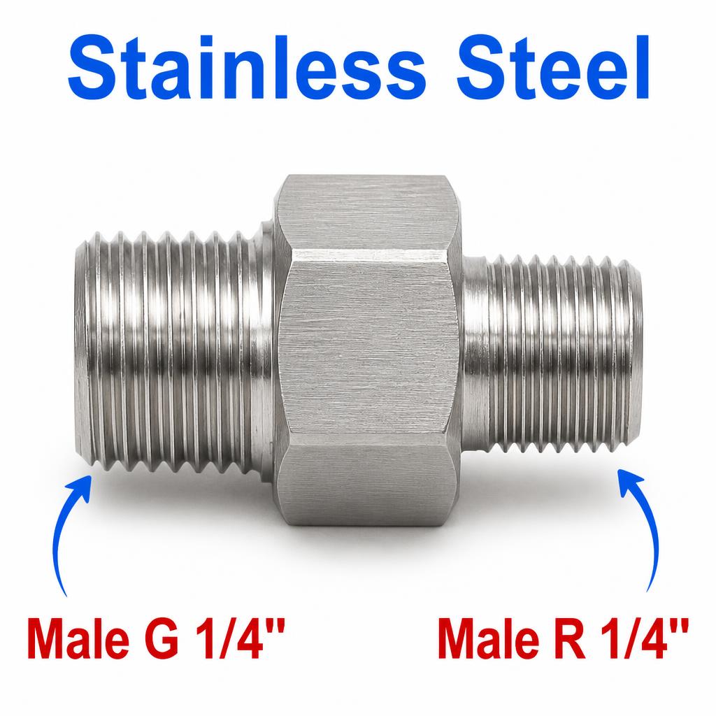 Stainless steel BSP G 1/4 inch male to BSPT tapered R 1/4 inch male sensor adaptor fitting for conversion by MC Motoparts
