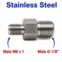 Stainless steel M6x1 male to BSP G 1/8 inch male sensor adaptor fitting for conversion, compatible with MC Motoparts APS fittings.