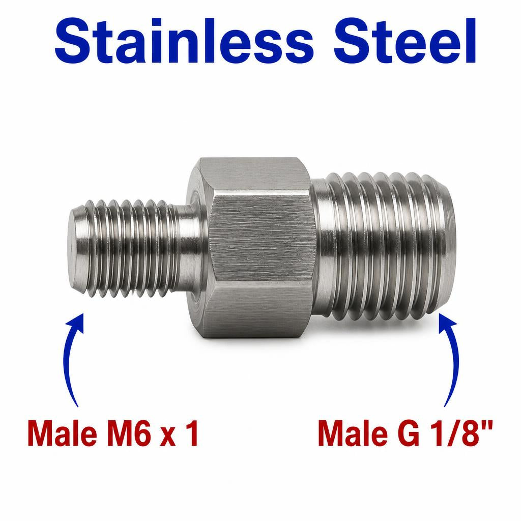 Stainless steel M6x1 male to BSP G 1/8 inch male sensor adaptor fitting for conversion, compatible with MC Motoparts APS fittings.