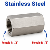 Stainless steel MC Motoparts BSPT tapered R 1/2 inch female to female sensor adapter fitting for conversion, showing threaded ends.