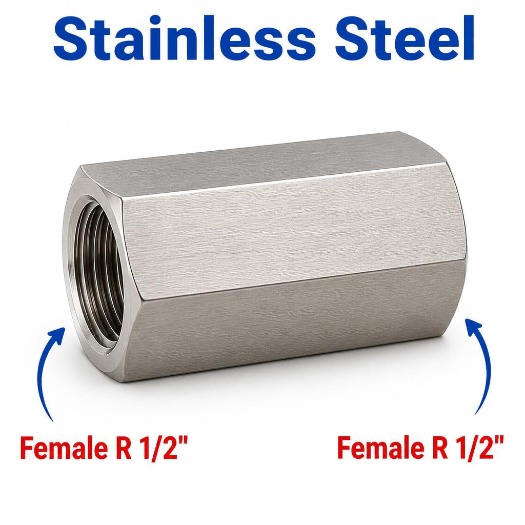 Stainless steel MC Motoparts BSPT tapered R 1/2 inch female to female sensor adapter fitting for conversion, showing threaded ends.