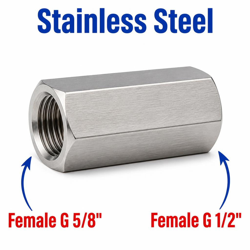 Stainless steel BSP G 5/8 inch female to BSP G 1/2 inch female sensor adaptor fitting, MC Motoparts APS conversion fitting.