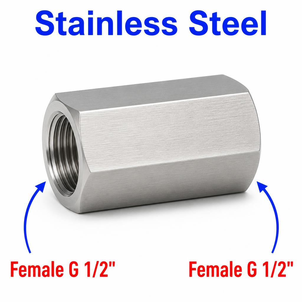 Stainless steel BSP G 1/2 inch female to female sensor adaptor fitting, MC Motoparts APS conversion fitting for plumbing or sensor applications.