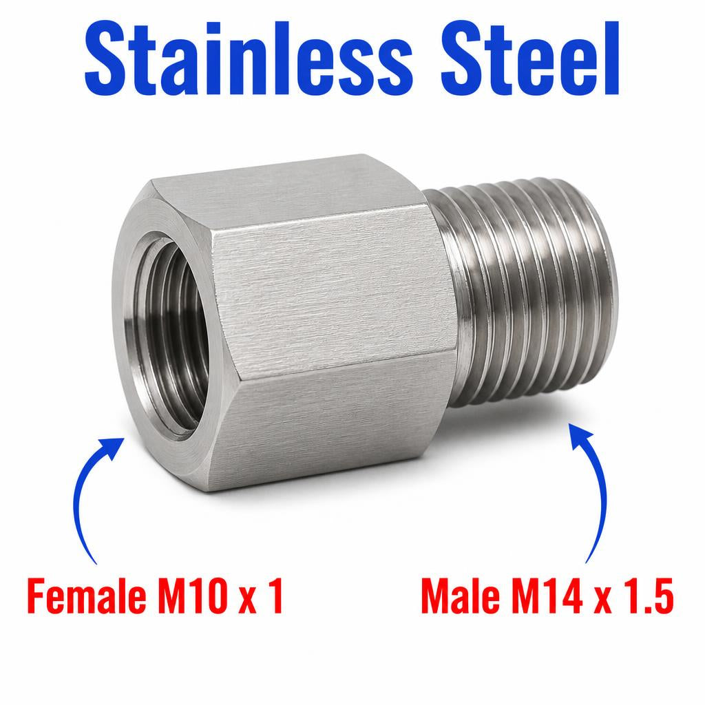 Stainless steel M10x1 female to M14x1.5 male sensor adaptor fitting for conversion, part of MC Motoparts APS adapter fittings series.