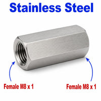 Stainless steel M8x1 female to M8x1 female sensor adaptor fitting for conversion, rated APS fitting by MC Motoparts.