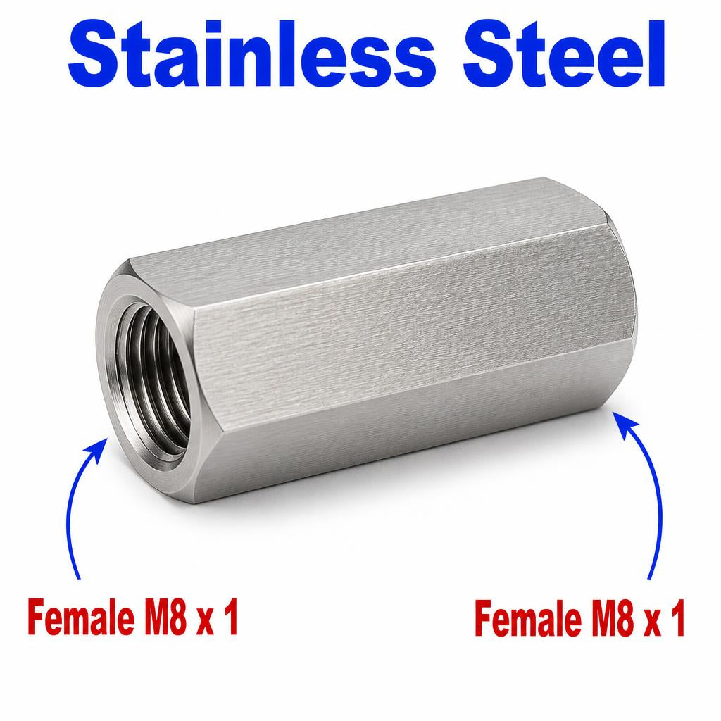 Stainless steel M8x1 female to M8x1 female sensor adaptor fitting for conversion, rated APS fitting by MC Motoparts.