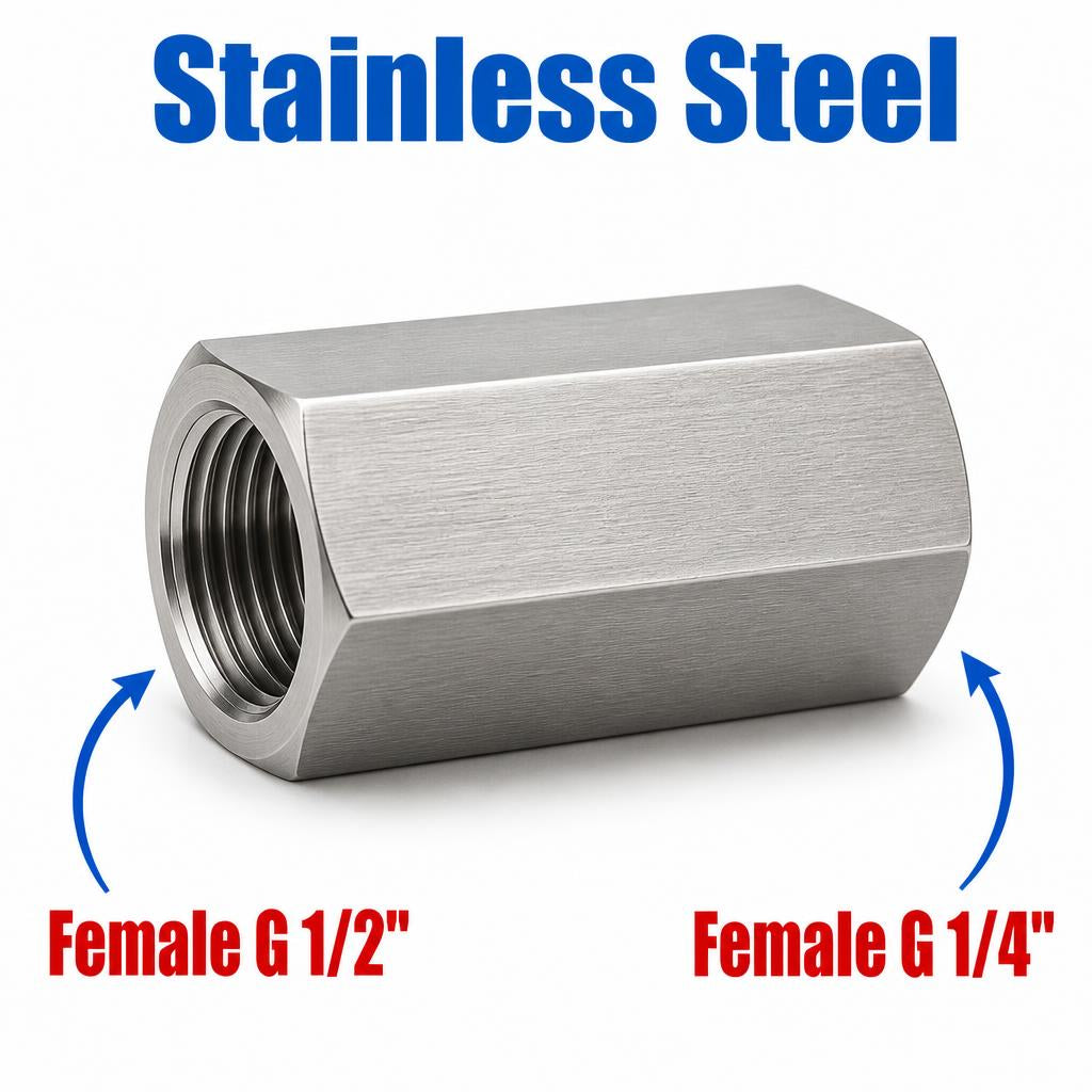 Stainless steel BSP G 1/2 inch female to G 1/4 inch female sensor adaptor fitting for plumbing and conversion applications.