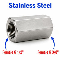 Stainless steel MC Motoparts BSP G 1/2 inch female to G 3/8 inch female sensor adaptor fitting for hydraulic or pneumatic connections.