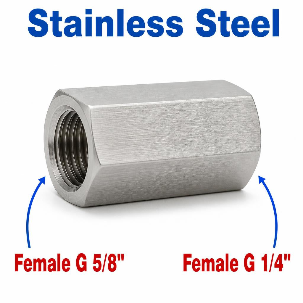 Stainless steel MC Motoparts BSP G 5/8 inch female to BSP G 1/4 inch female sensor adaptor fitting for conversion applications