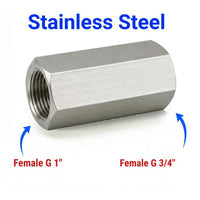 Stainless steel BSP G 1 inch female to BSP G 3/4 inch female sensor adaptor fitting for hydraulic or fluid system conversions.