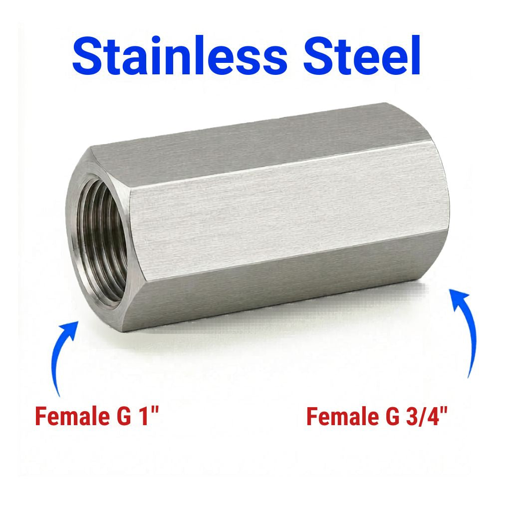 Stainless steel BSP G 1 inch female to BSP G 3/4 inch female sensor adaptor fitting for hydraulic or fluid system conversions.