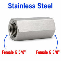 Stainless steel BSP G 5/8 inch female to G 3/8 inch female sensor adaptor fitting for hydraulic or pneumatic connections.