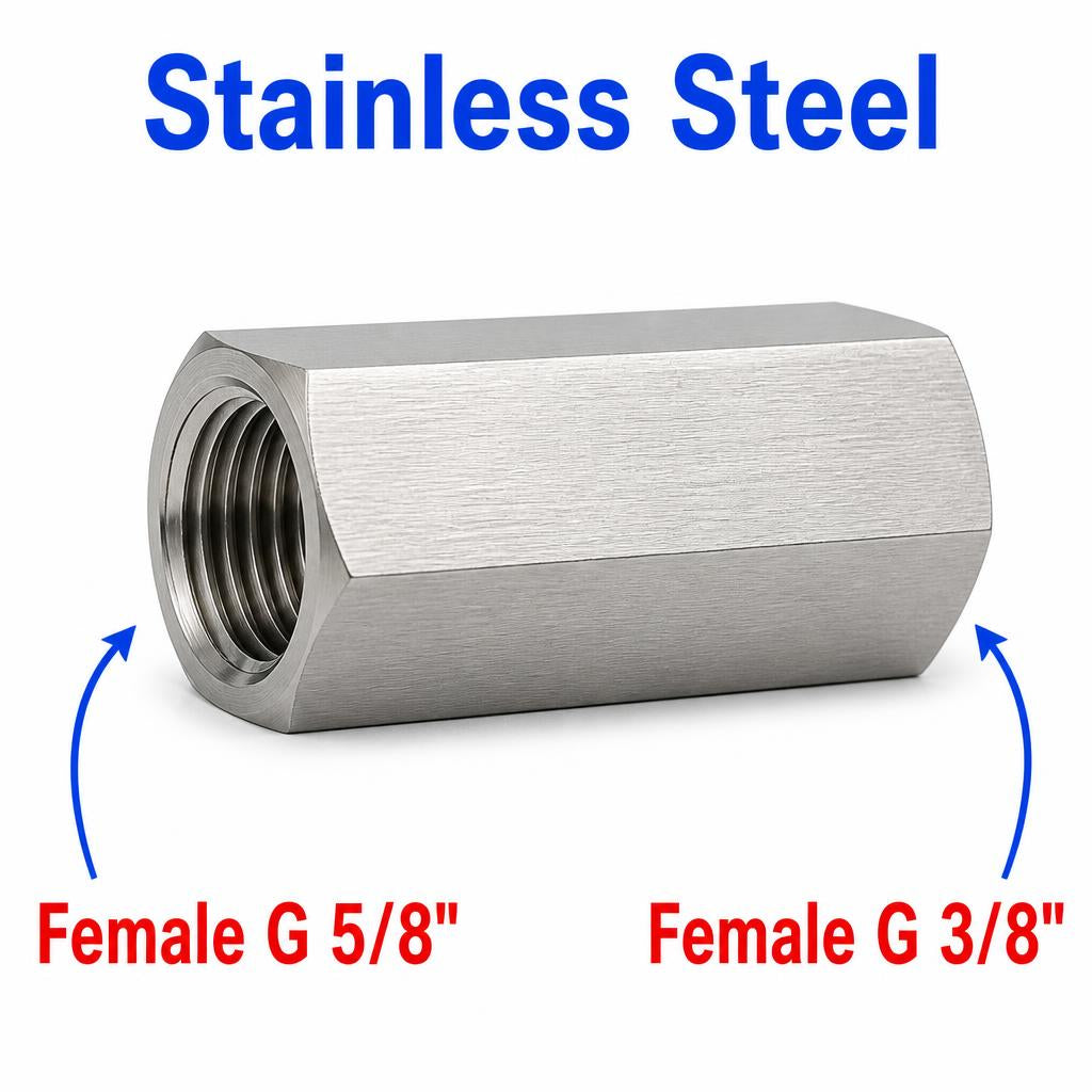 Stainless steel BSP G 5/8 inch female to G 3/8 inch female sensor adaptor fitting for hydraulic or pneumatic connections.