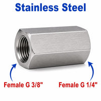 Stainless steel BSP G 3/8 inch female to BSP G 1/4 inch female sensor adaptor fitting for conversion by MC Motoparts.