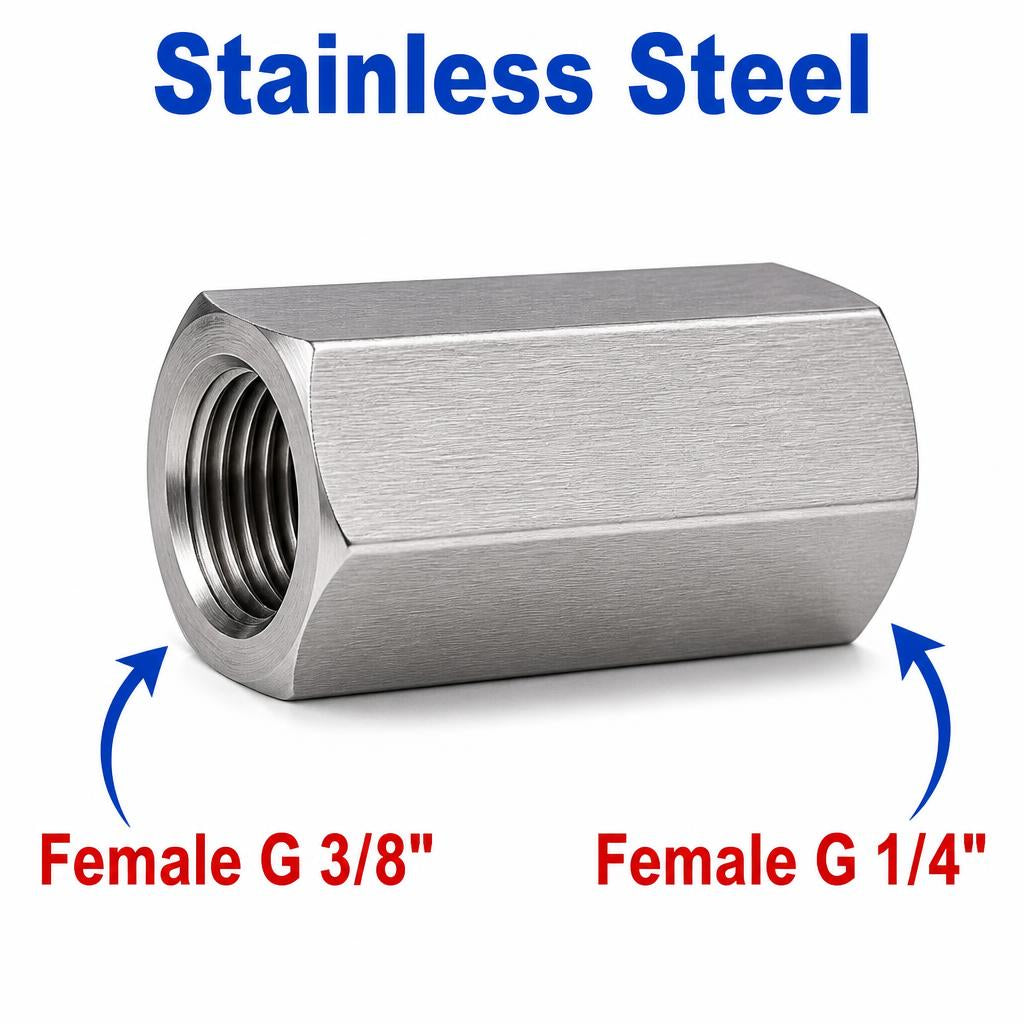 Stainless steel BSP G 3/8 inch female to BSP G 1/4 inch female sensor adaptor fitting for conversion by MC Motoparts.