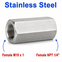 Stainless steel M10x1 female to 1/4 inch NPT female sensor adaptor fitting for conversion, MC Motoparts APS series.