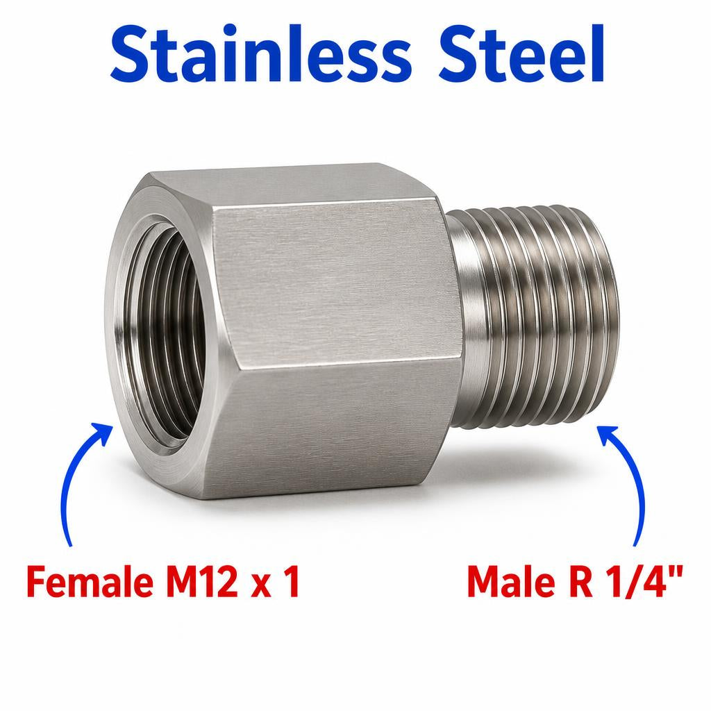 M12x1 female to BSPT tapered 1/4 inch male stainless steel sensor adaptor fitting for conversion in APS MC Motoparts product line
