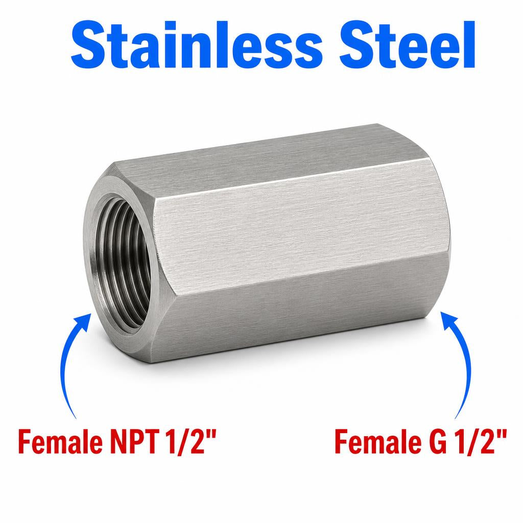 Stainless steel 1/2 inch NPT female to BSP G 1/2 inch female sensor adaptor fitting for conversion, MC Motoparts APS adaptor.
